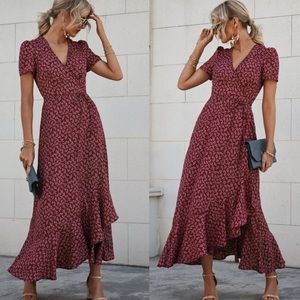 Boho floral print self tie wrap maxi dress MAROON